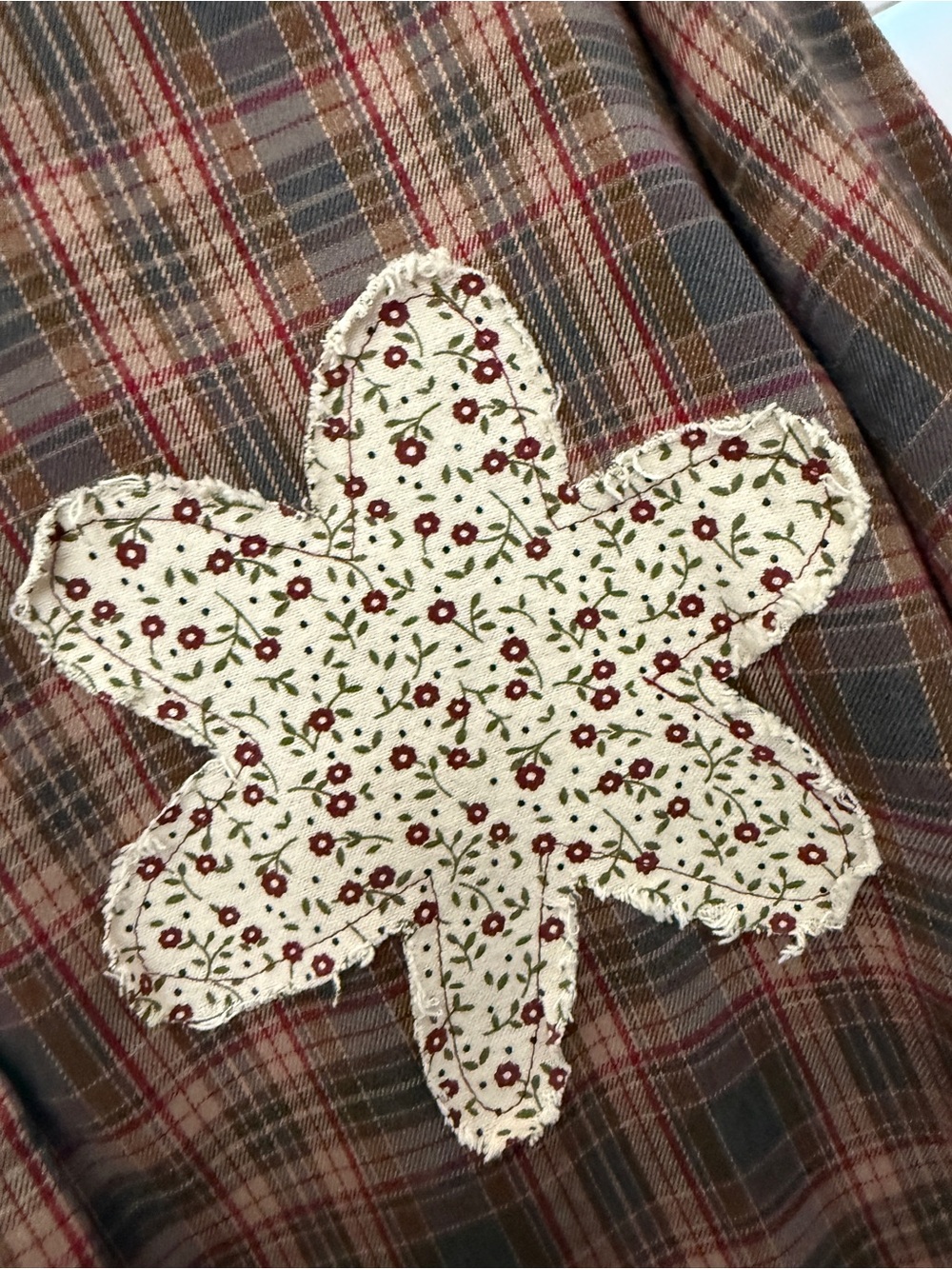 easel Plaid Button-Down Top with Floral Appliqué in Brown and Olive - Picture 5 of 9